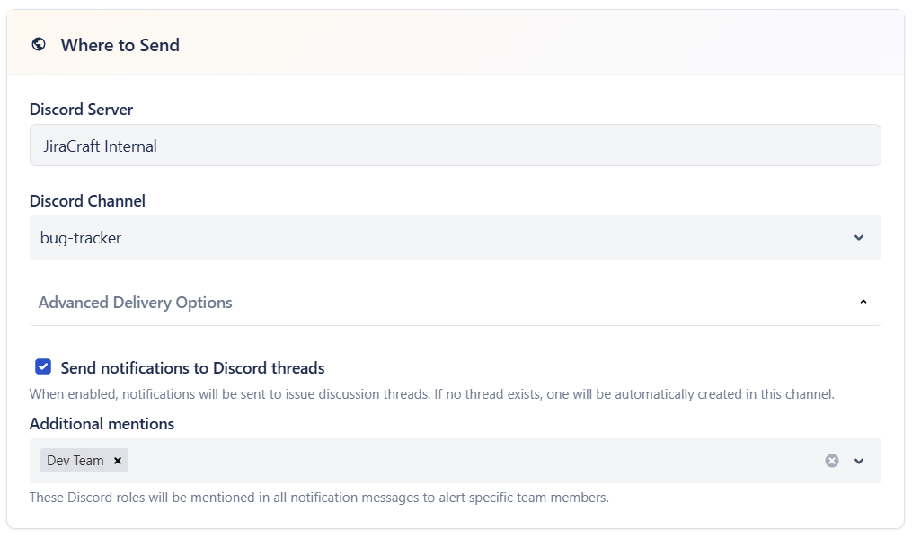 Choose the destination server and channel