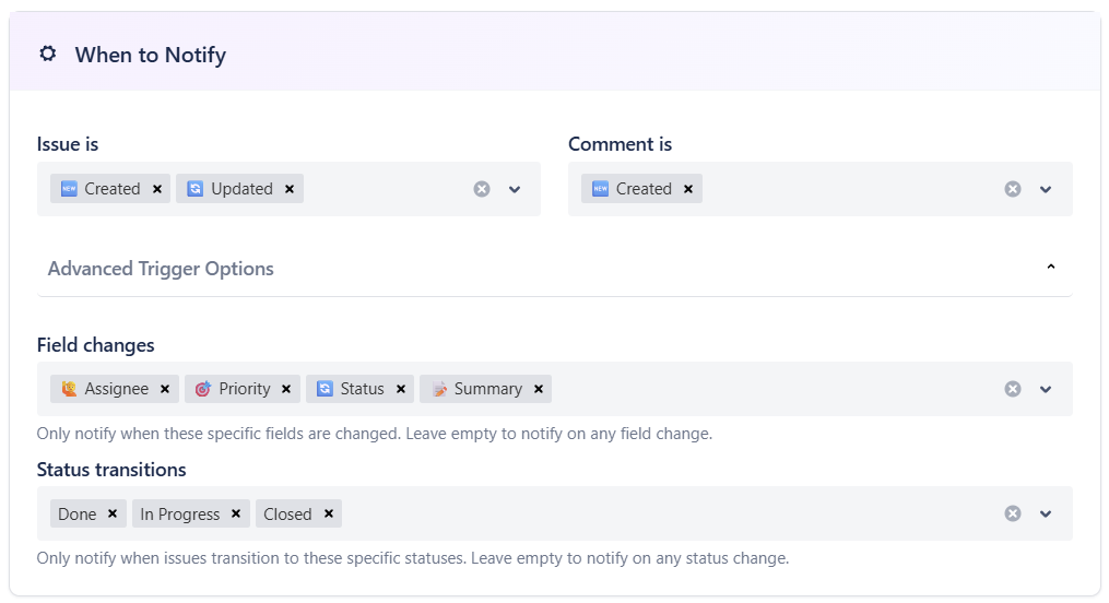 Pick issue/comment triggers, tracked fields, and status transitions