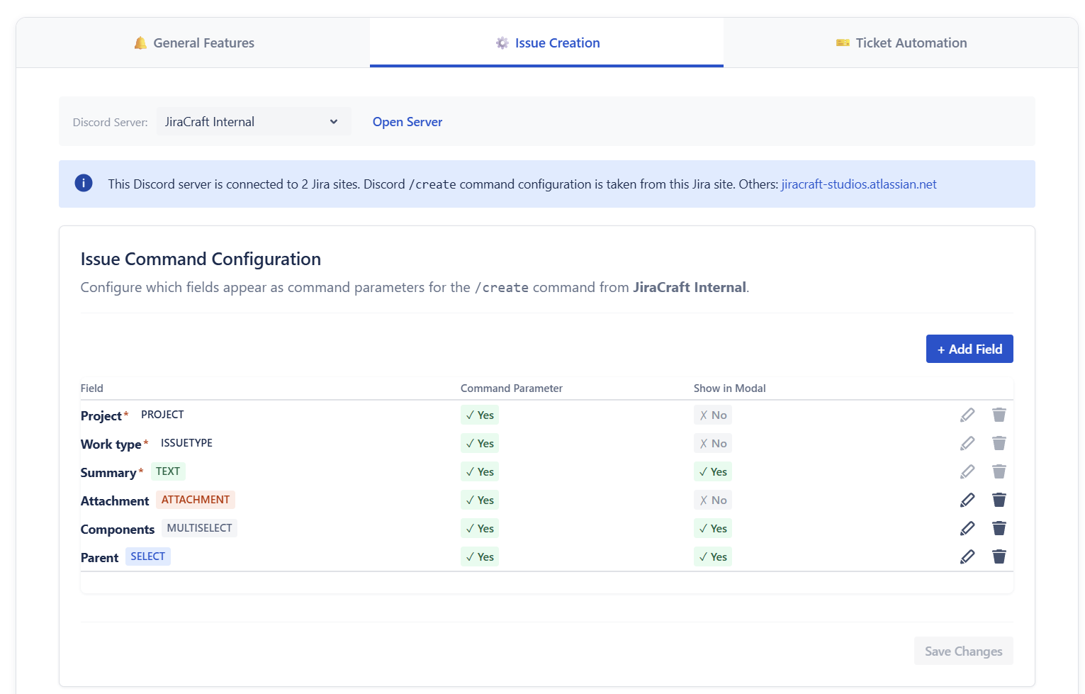Access Issue Creation settings to customize your command parameters
