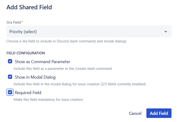Configure how each field behaves in Discord commands and dialogs