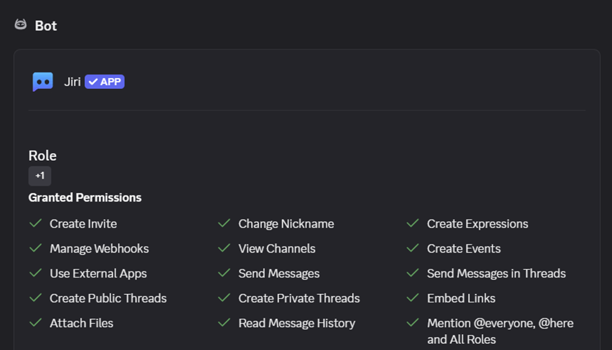 Discord Integrations page shows granted permissions clearly