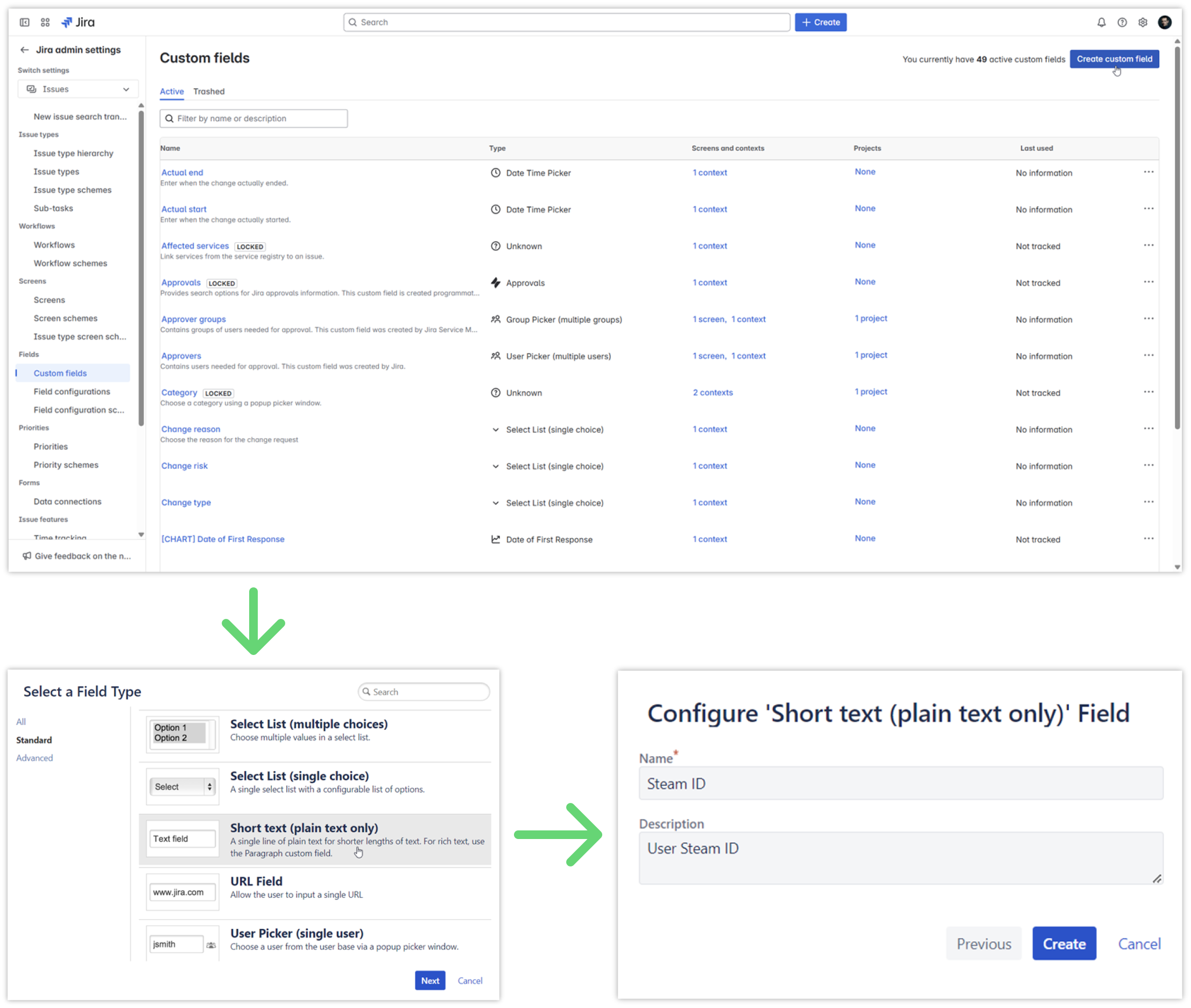Creating a new custom field via quick link