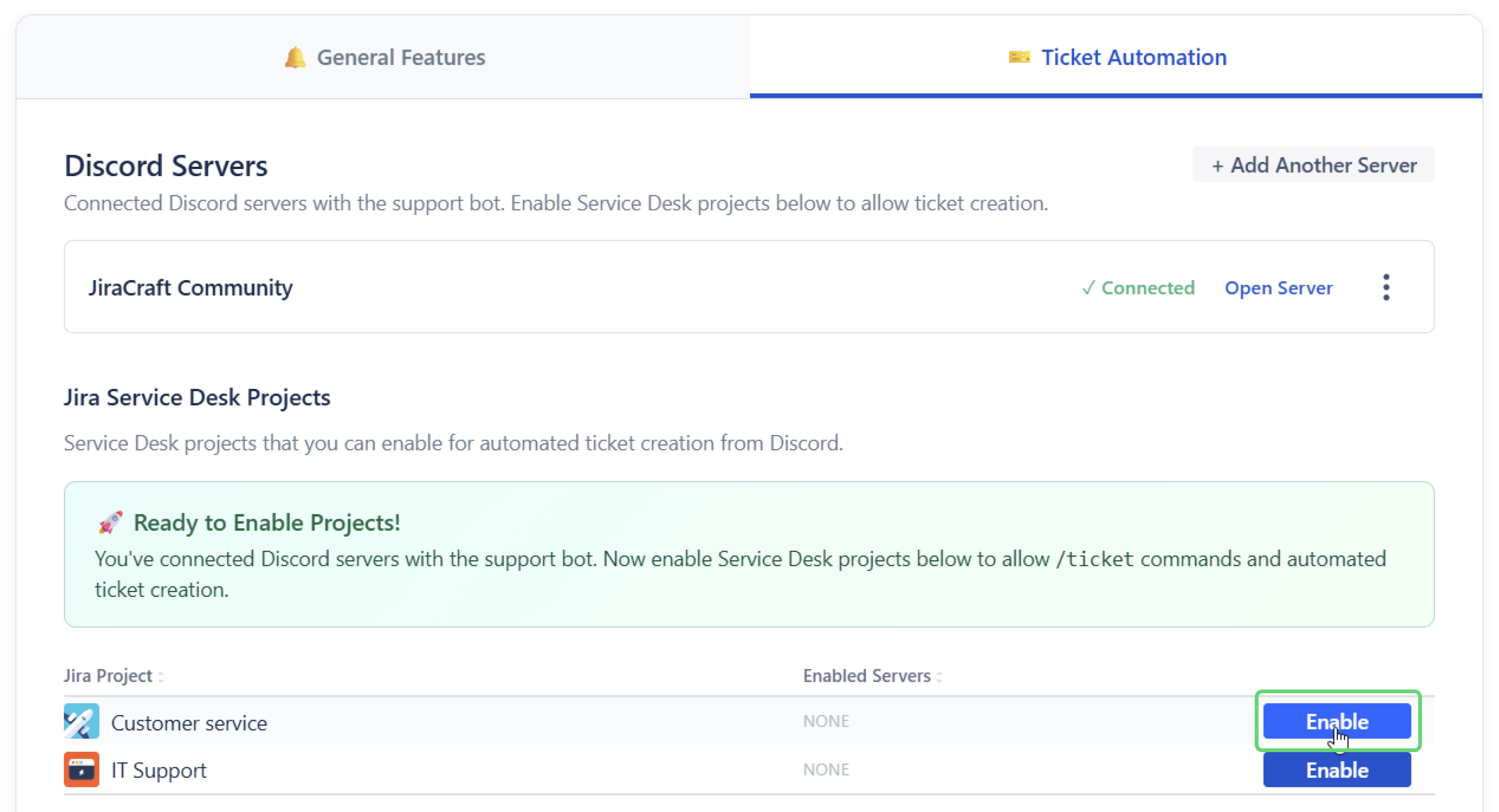 Enable Service Desk projects for ticket automation