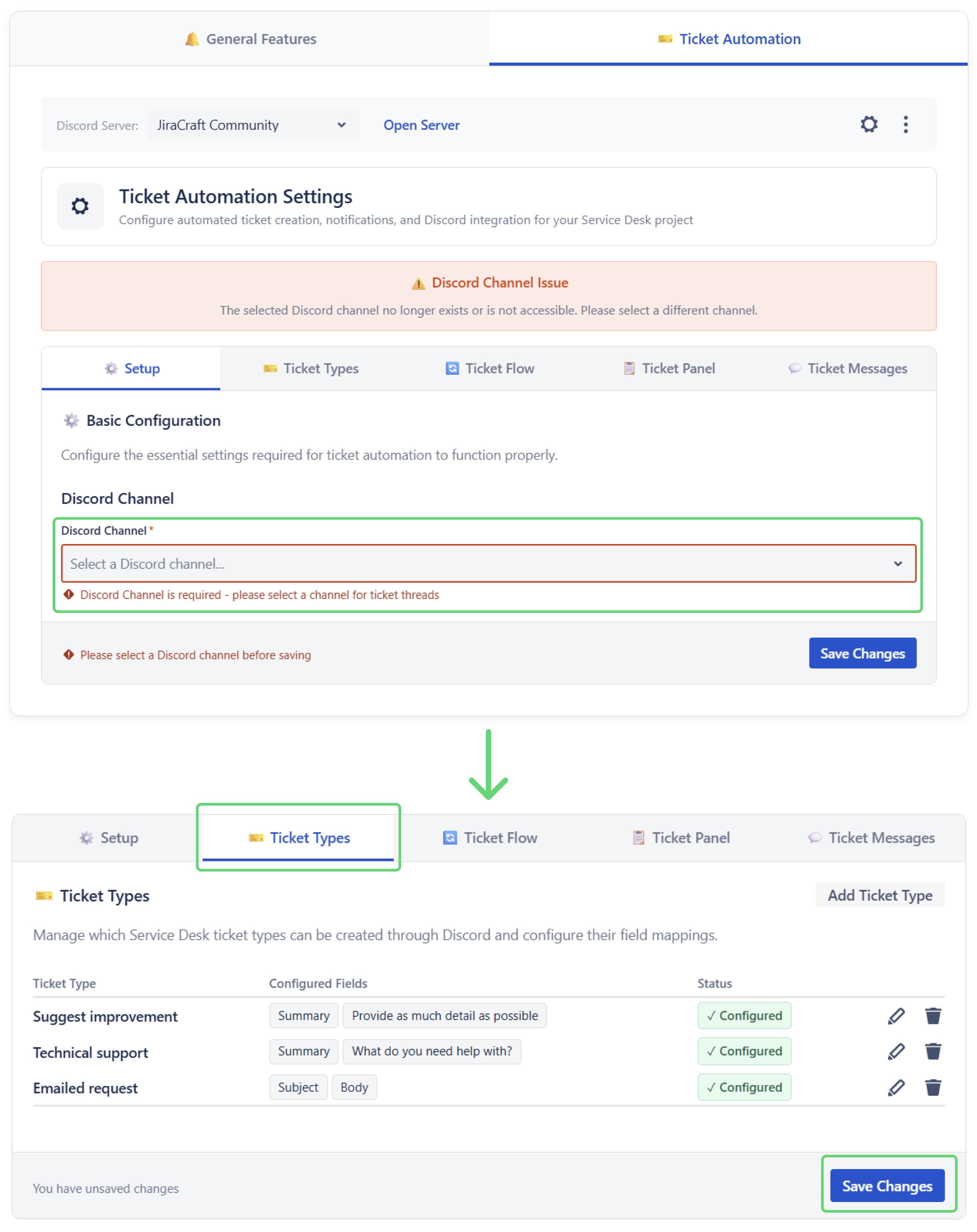 Configure Discord channel and ticket settings