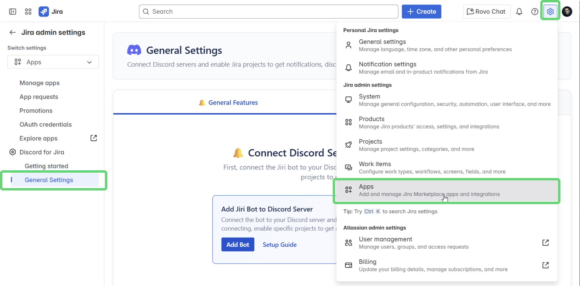Access General Settings through Jira admin settings