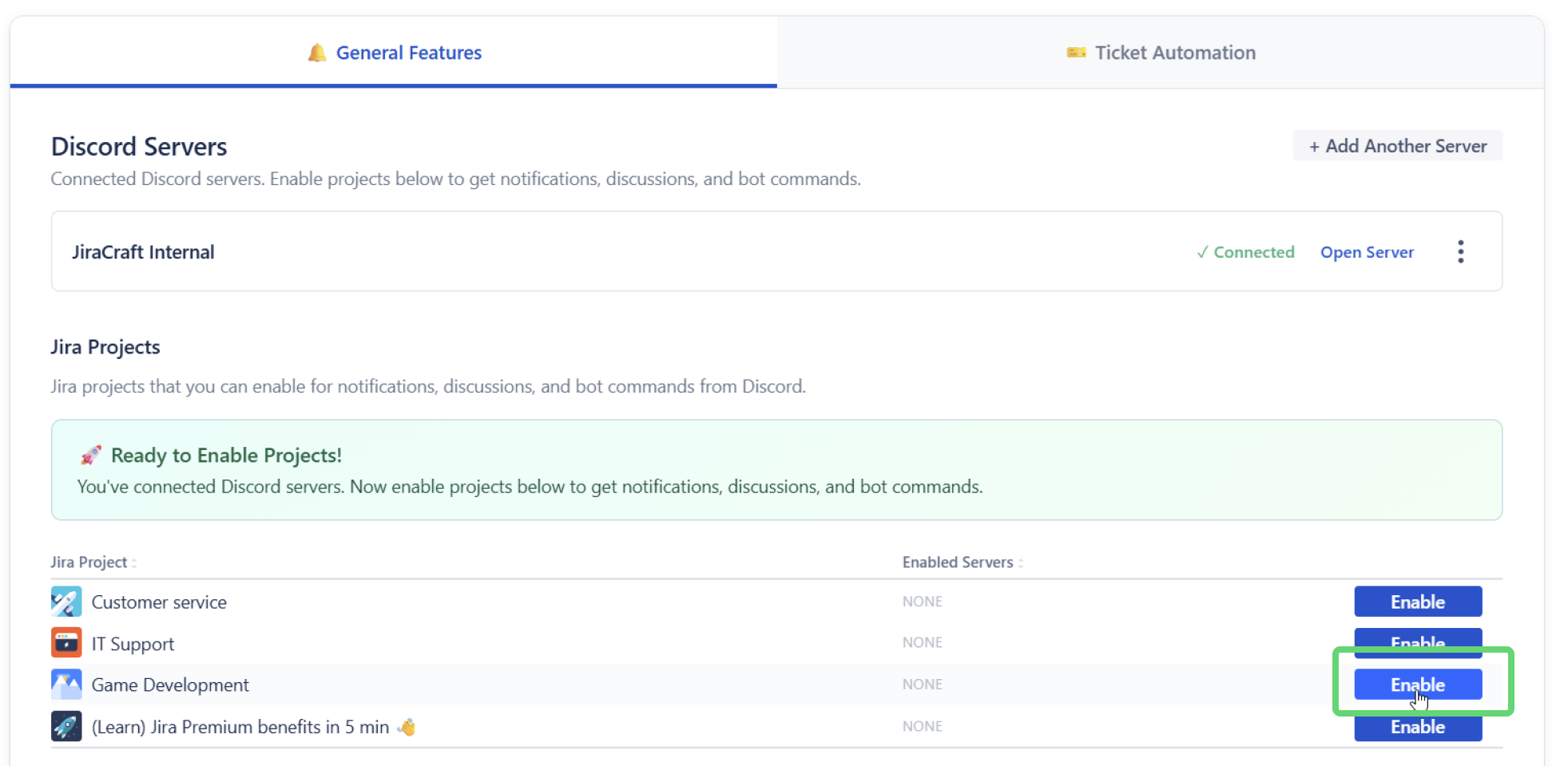 Enable projects to use connected Discord servers