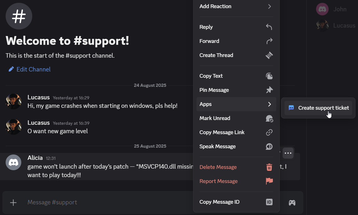 Right‑click a message and choose Create support ticket from the context menu