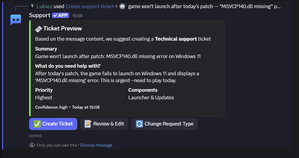 Preview card with suggested fields, request type, and confidence indicator