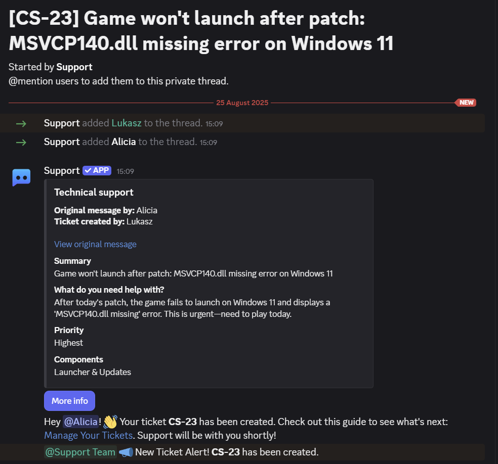 Ticket card shows original message author and ticket creator with a link to the source message
