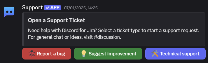 Ticket panel buttons 'Report a Bug', 'Suggest Improvement', 'Technical Support'
