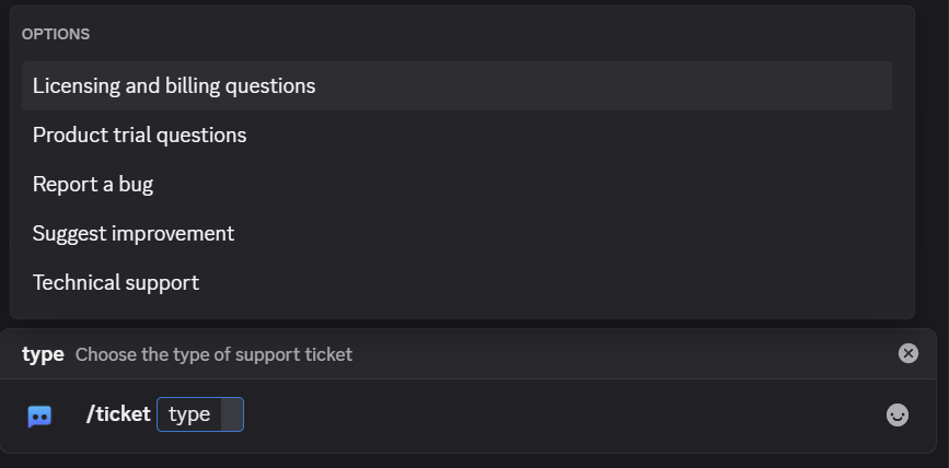 Typing /ticket command with dropdown options visible