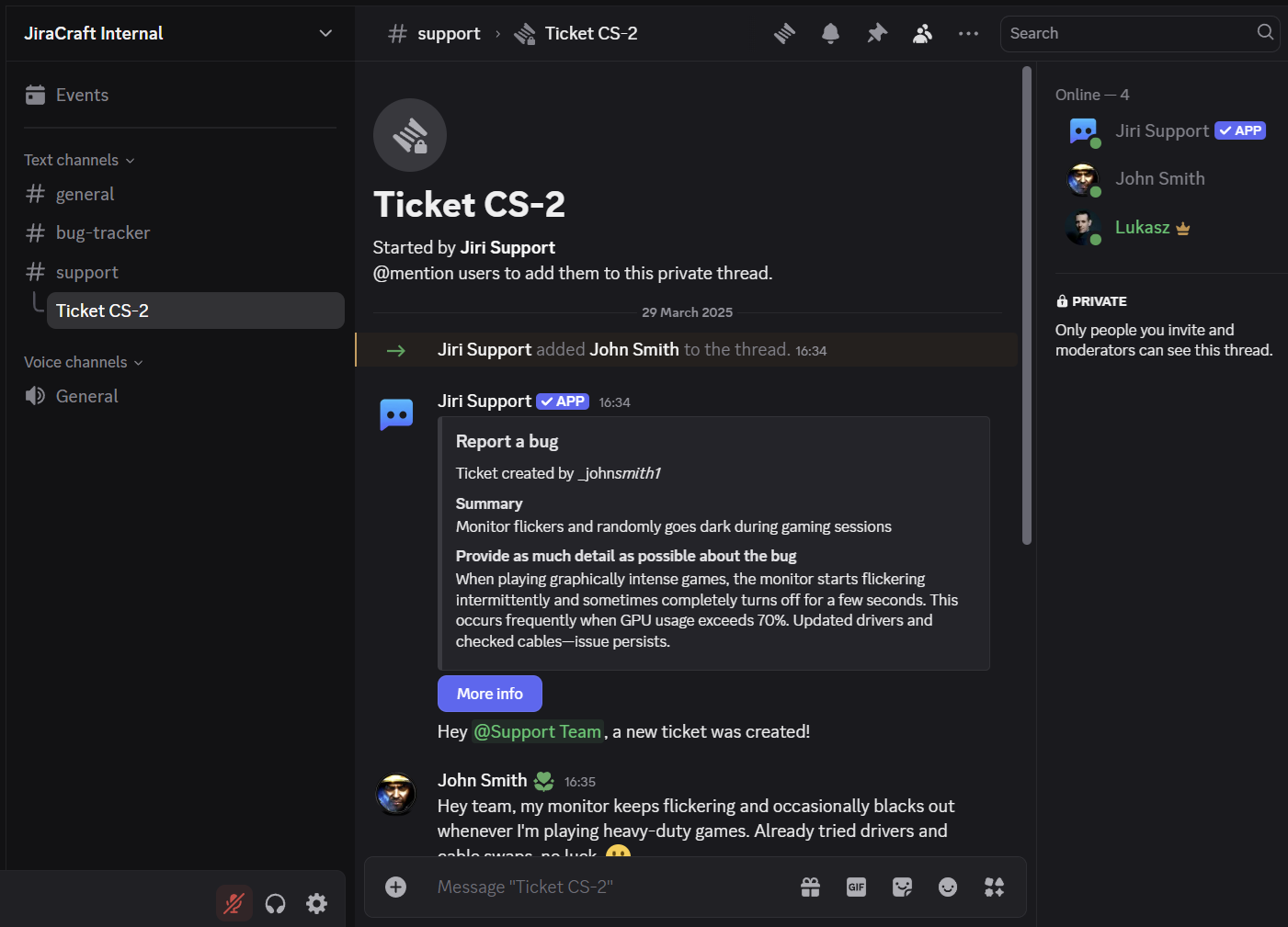 Ticket thread, and conversation with support team
