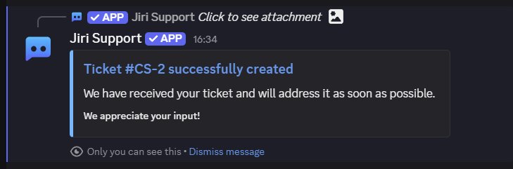 Discord confirmation message with ticket number and thread link