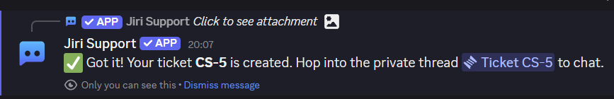 Example of a ticket creation confirmation message