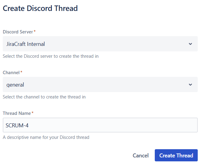 Choose server, channel, and thread name