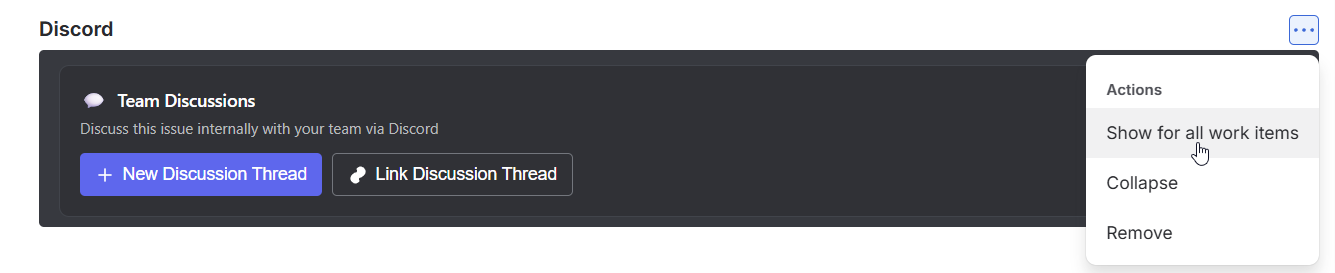 Discord panel menu with Show for all work items selected