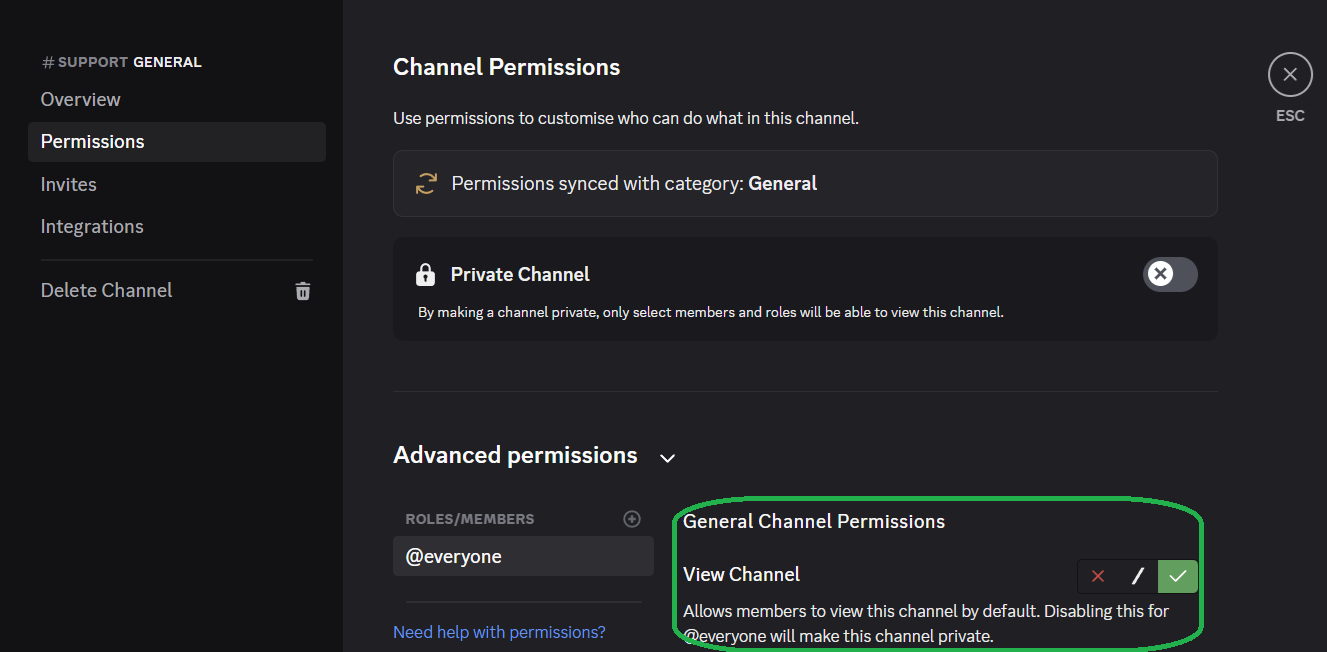Enable the required permissions for the bot at channel level