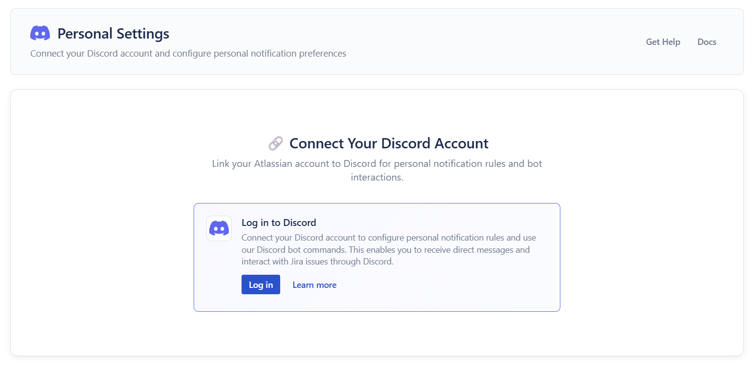 Personal Settings page with Discord connection option